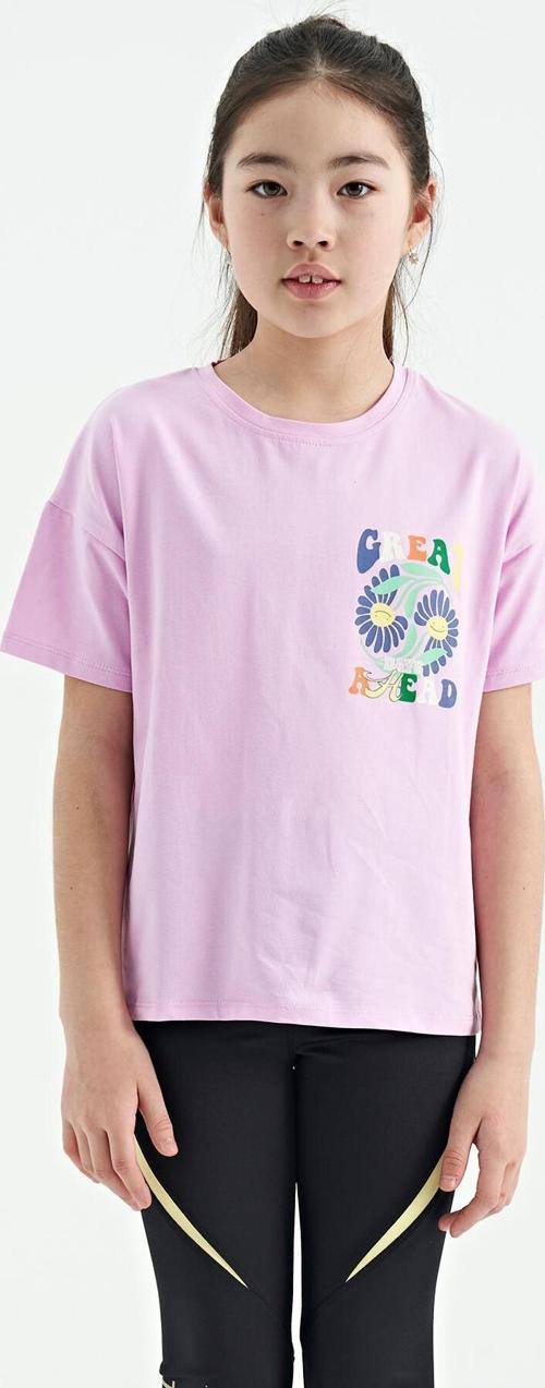Pembe Ön Arka Çok Renkli Baskılı Oversize Kısa Kollu Kız Çocuk T-Shirt - 75117