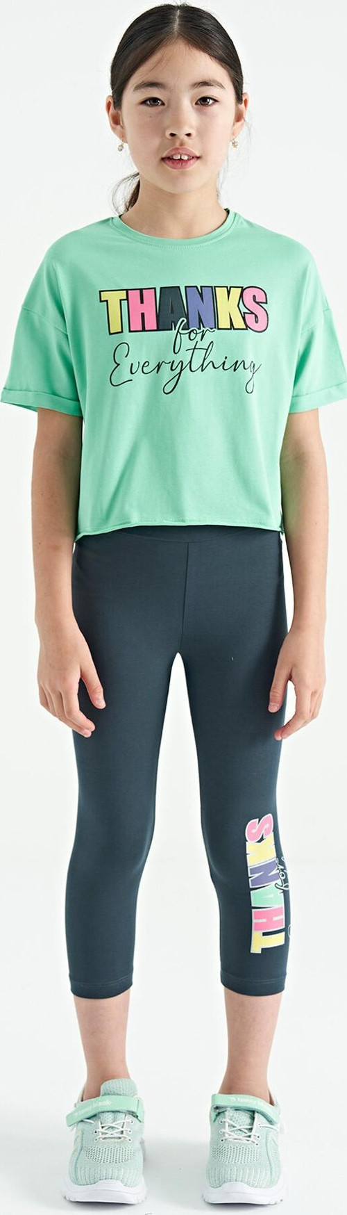 Su Yeşil - Orman Yeşil Yazı Baskılı Oversize Kız Çocuk Crop Tayt Takım - 75133