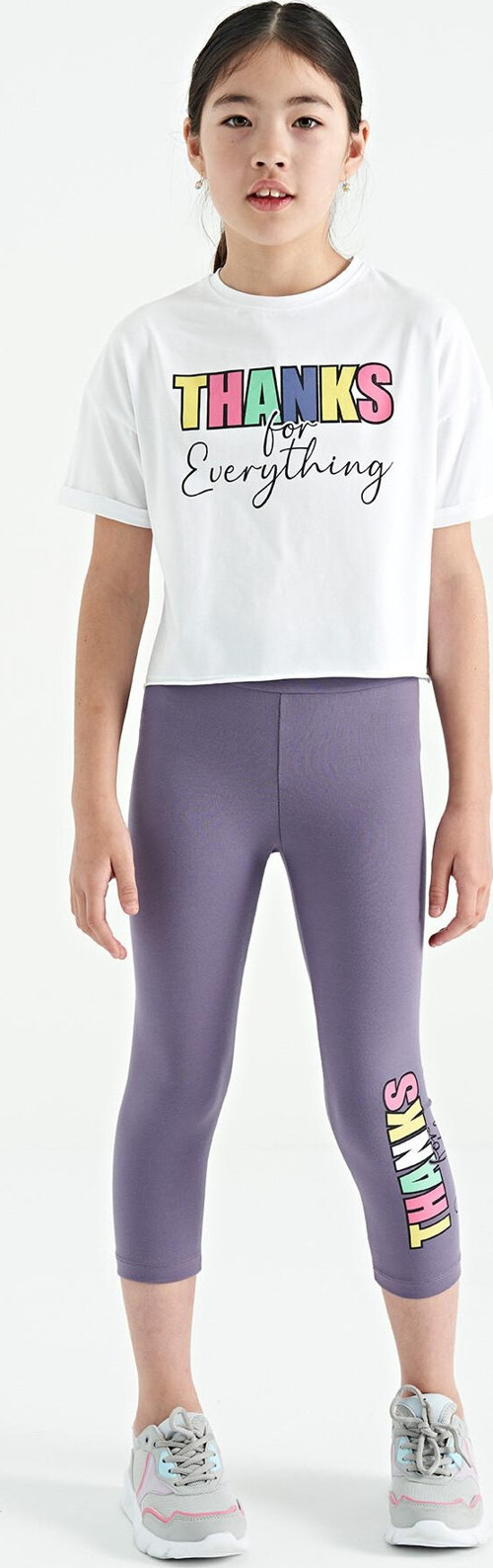 Beyaz - Açık Eflatun Yazı Baskılı Oversize Kız Çocuk Crop Tayt Takım - 75133
