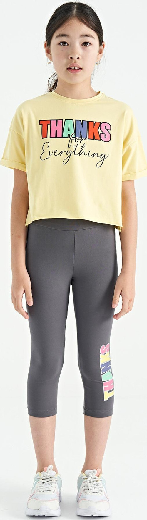 Sarı - Koyu Gri Yazı Baskılı Oversize Kız Çocuk Crop Tayt Takım - 75133