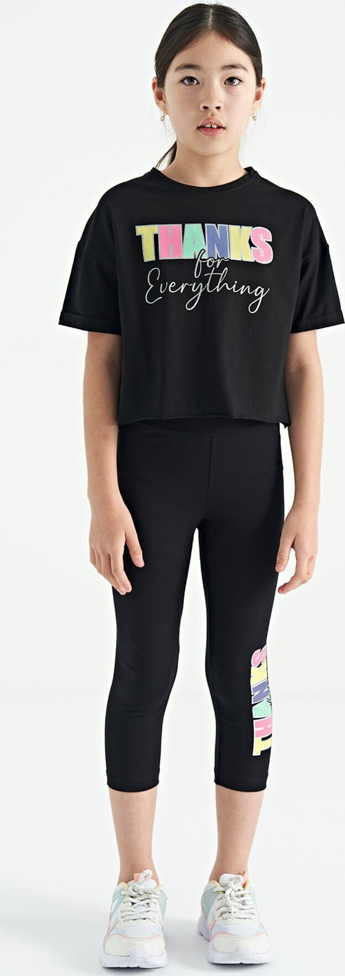 Siyah Yazı Baskılı Oversize Kız Çocuk Crop Tayt Takım - 75133