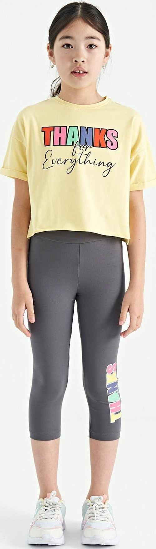 Sarı - Koyu Gri Yazı Baskılı Oversize Kız Çocuk Crop Tayt Takım - 75133