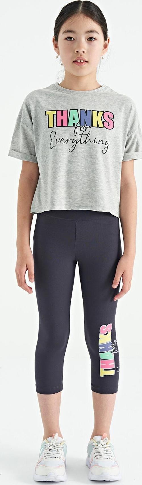 Gri Melanj - Antrasit Yazı Baskılı Oversize Kız Çocuk Crop Tayt Takım - 75133