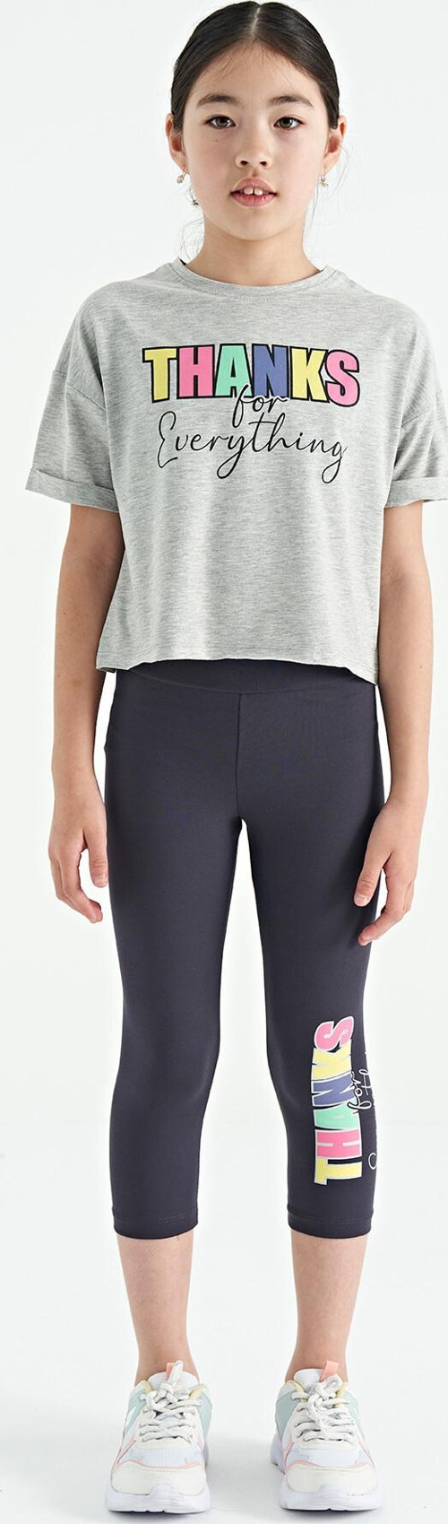 Gri Melanj - Antrasit Yazı Baskılı Oversize Kız Çocuk Crop Tayt Takım - 75133