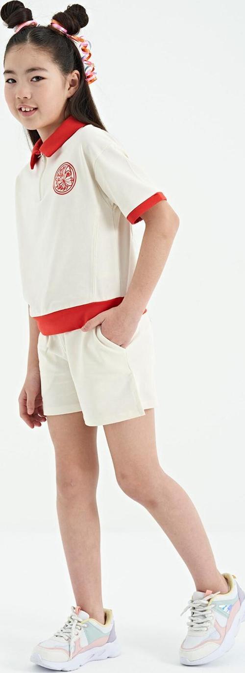 Ekru Yakalı Kısa Kollu Rahat Form Kız Çocuk Şort Takım - 75131