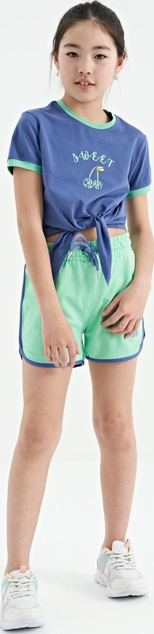 Açık Eflatun - Su Yeşil O Yaka Baskılı Düğüm Detaylı Rahat Kalıp Kız Çocuk Şort Takım - 75132