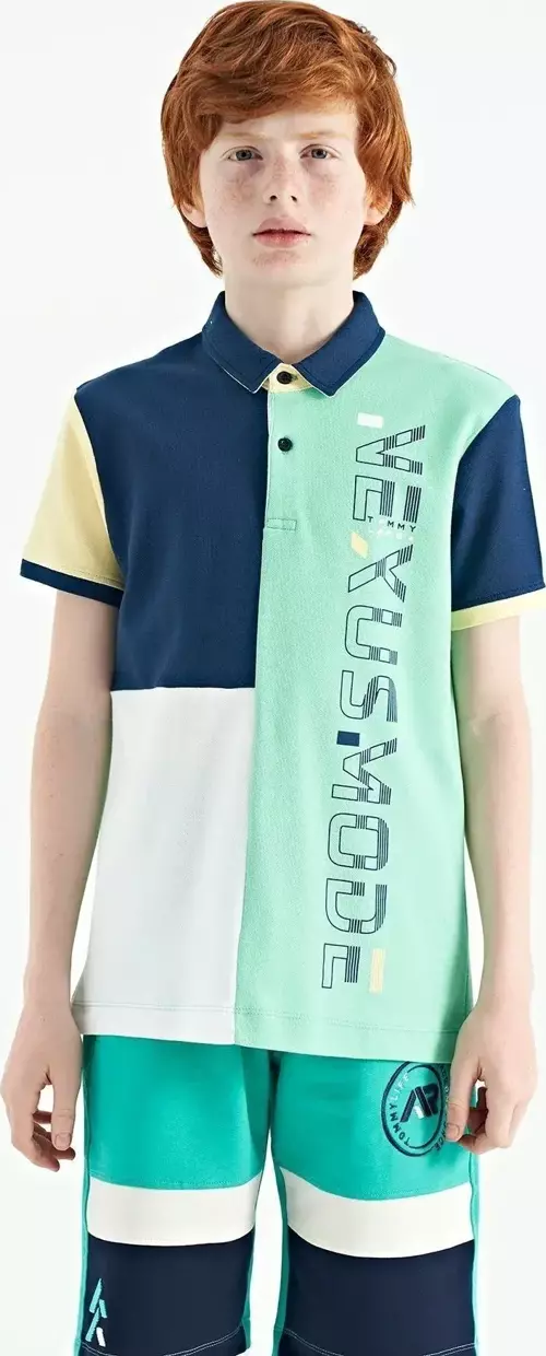 Su Yeşili Renk Bloklu Baskı Detaylı Standart Kalıp Polo Yaka Erkek Çocuk T-shirt - 11112