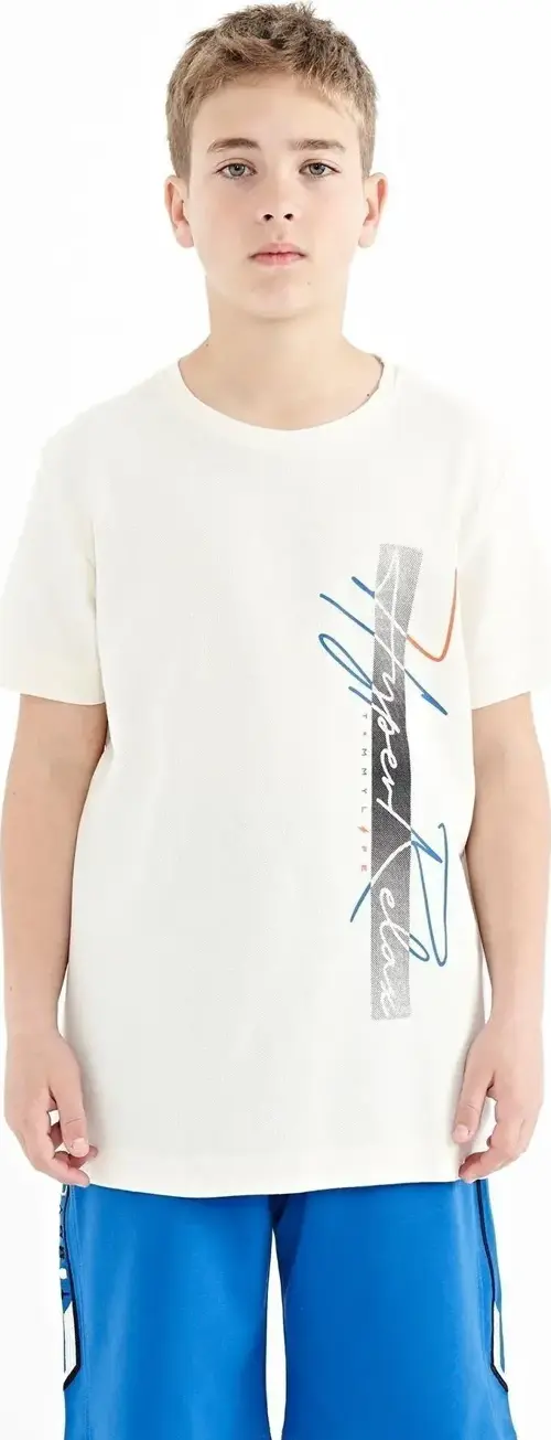 Ekru Yazı Baskılı O Yaka Standart Kalıp Erkek Çocuk T-Shirt - 11119