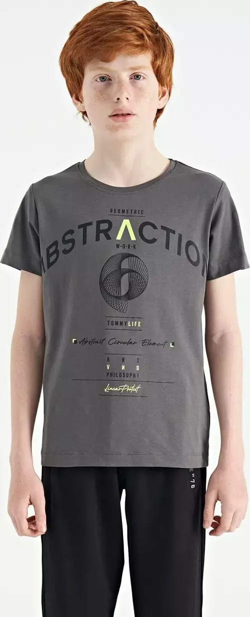 Koyu Gri Yazı Baskı Detaylı O Yaka Standart Kalıp Erkek Çocuk T-Shirt - 11103