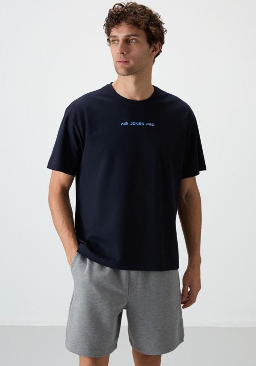 Lacivert Pamuklu Kalın Yüzeyi Dokulu Oversize Fit  Baskılı Erkek T-Shirt - 88364