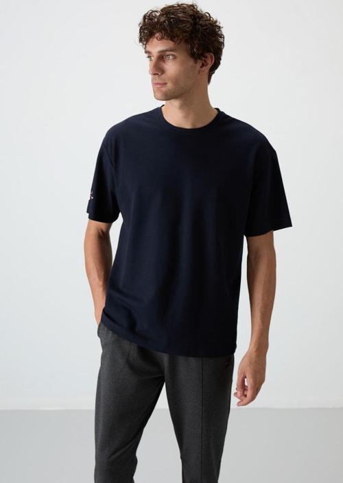 Lacivert Pamuklu Kalın Yüzeyi Dokulu Oversize Fit  Baskılı Erkek T-Shirt - 88369