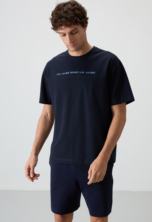 Lacivert Pamuklu Kalın Yüzeyi Dokulu Oversize Fit Baskılı Erkek T-Shirt - 88371
