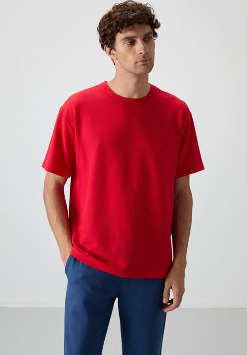 Kırmızı Waffle İnterlok Yüzeyi Dokulu Oversize Fit Basic Erkek T-Shirt - 88379