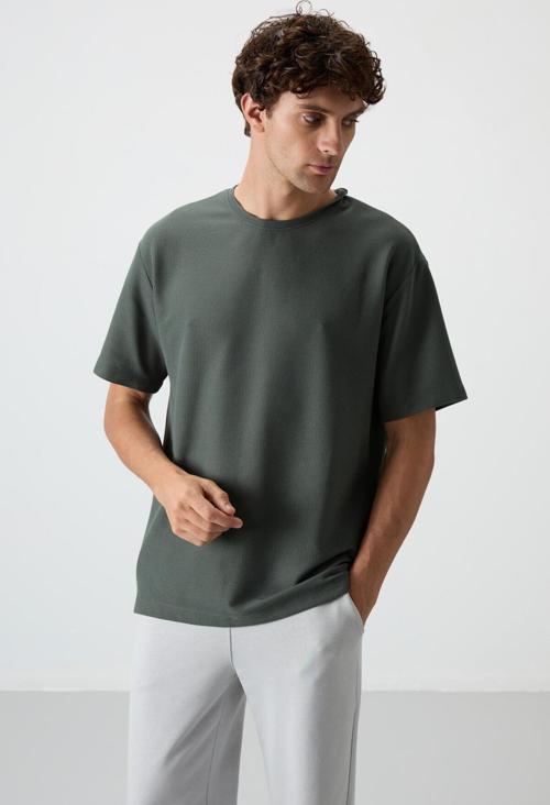 Haki Waffle İnterlok Yüzeyi Dokulu Oversize Fit Basic Erkek T-Shirt - 88379