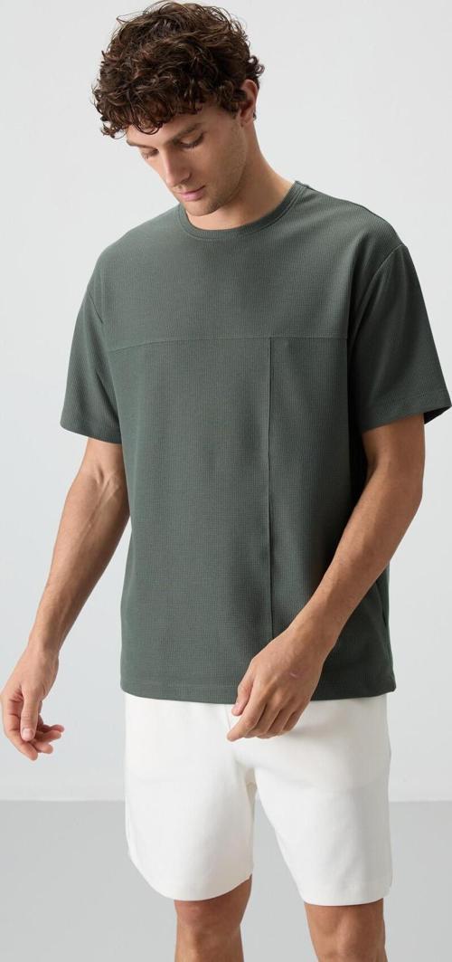 Haki Waffle İnterlok Yüzeyi Dokulu Oversize Fit Basic Erkek T-Shirt - 88380