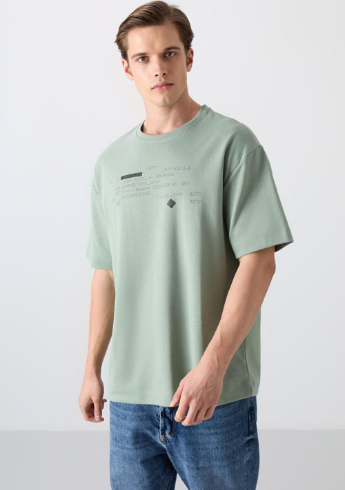 Açık Yeşil Pamuk Kalın Yumuşak Dokulu Oversize Fit Baskılı Erkek T-Shirt - 88326