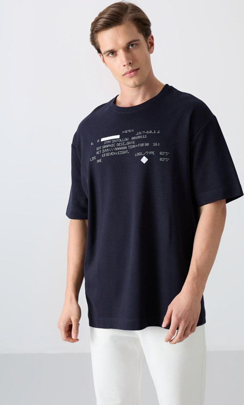 Lacivert Pamuklu Kalın Yumuşak Dokulu Oversize Fit Baskılı Erkek T-Shirt - 88326