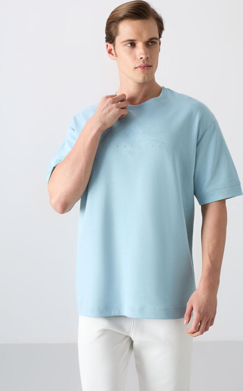 Açık Mavi Pamuklu Kalın Yumuşak Dokulu Oversize Fit Baskılı Erkek T-Shirt - 88320