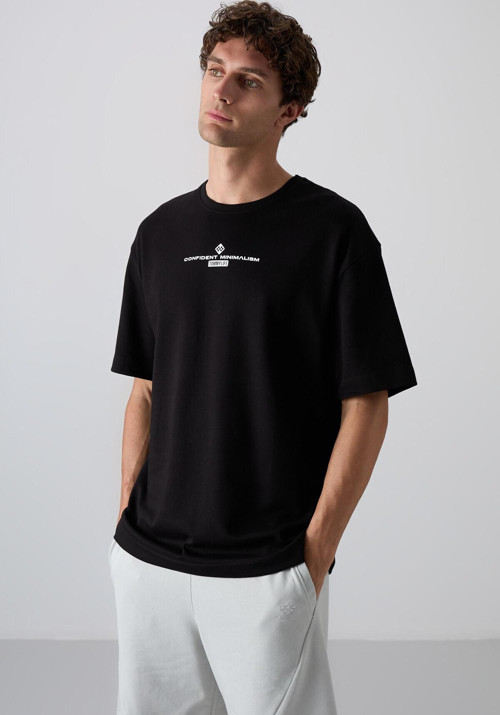 Siyah - Beyaz Pamuklu Kalın Yumuşak Dokulu Oversize Fit Baskılı Erkek T-Shirt - 88321