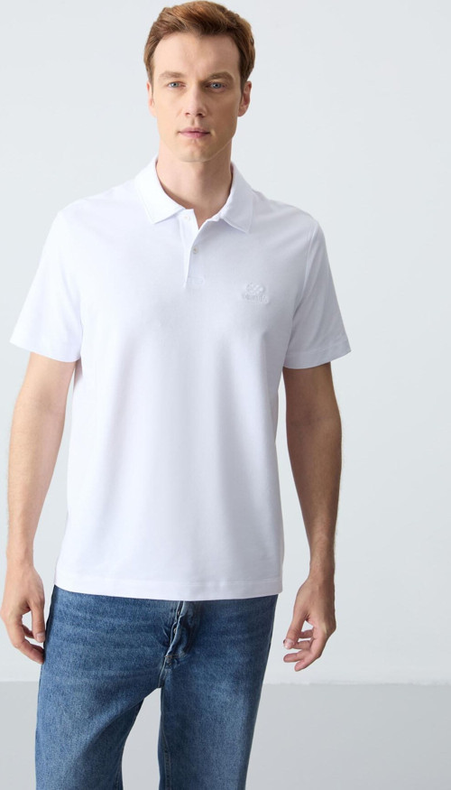 Beyaz Basic Logolu Standart Kalıp Triko Polo Yaka Erkek T-Shirt - 87748
