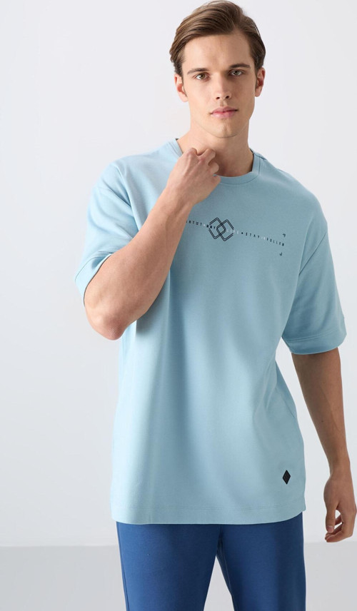 Açık Mavi Pamuklu Kalın Yumuşak Dokulu Oversize Fit Baskılı Erkek T-Shirt - 88323