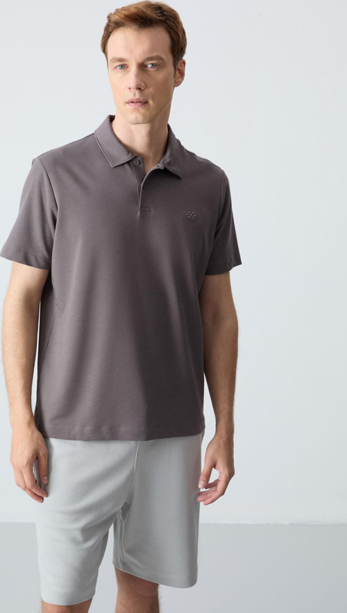 Koyu Gri Basic Logolu Standart Kalıp Triko Polo Yaka Erkek T-Shirt - 87748