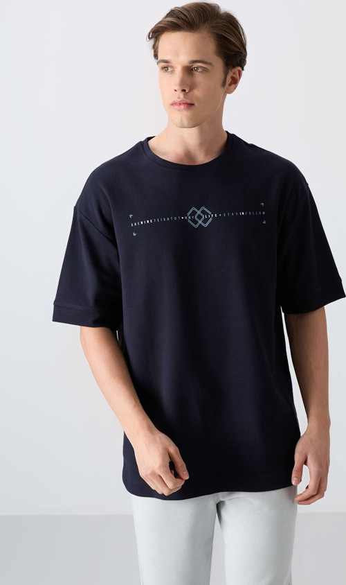 Lacivert Pamuklu Kalın Yumuşak Dokulu Oversize Fit Baskılı Erkek T-Shirt - 88323