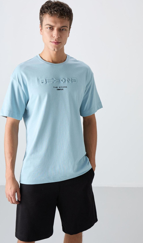 Açık Mavi Pamuklu Kalın Yumuşak Dokulu Oversize Fit Baskılı Erkek T-Shirt - 88328