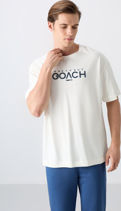 Ekru Pamuklu Kalın Yumuşak Dokulu Oversize Fit Baskılı Erkek T-Shirt - 88329