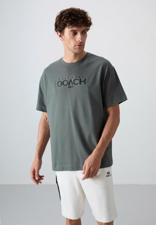 Haki Pamuklu Kalın Yumuşak Dokulu Oversize Fit Baskılı Erkek T-Shirt - 88329