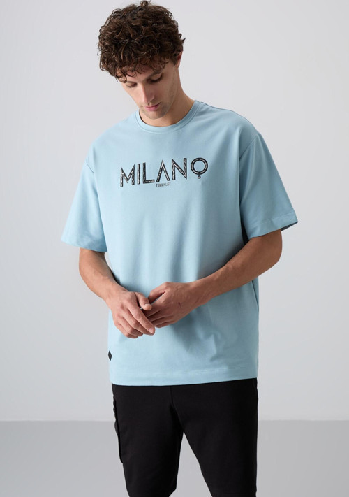 Açık Mavi Pamuklu Kalın Yumuşak Dokulu Oversize Fit Baskılı Erkek T-Shirt - 88345