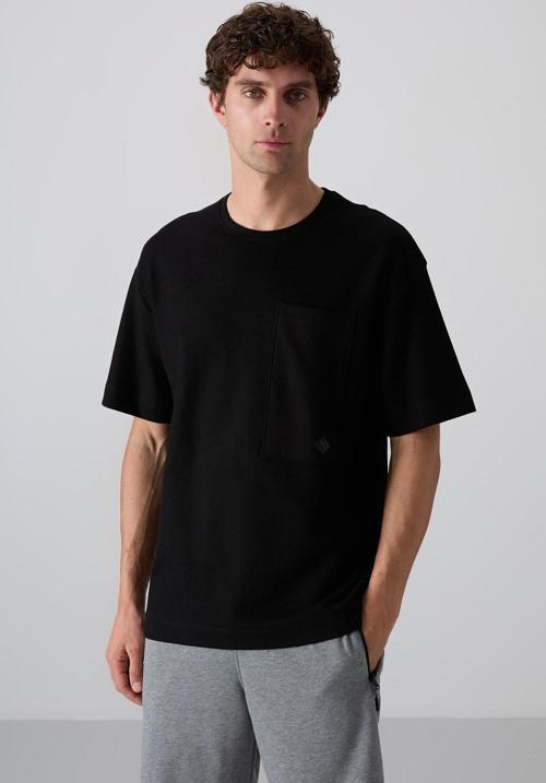 Siyah Pamuklu Kalın Yüzeyi Dokulu Oversize Fit Basic Erkek T-Shirt - 88341