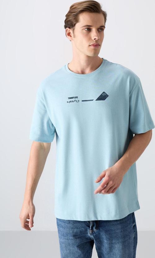 Açık Mavi Pamuklu Kalın Yumuşak Dokulu Oversize Fit Baskılı Erkek T-Shirt - 88330