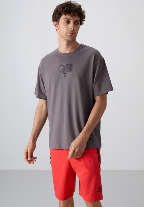 Koyu Gri Pamuklu Kalın Yumuşak Dokulu Oversize Fit Baskılı Erkek T-Shirt - 88333