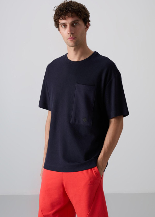 Lacivert Pamuklu Kalın Yüzeyi Dokulu Oversize Fit Basic Erkek T-Shirt - 88341