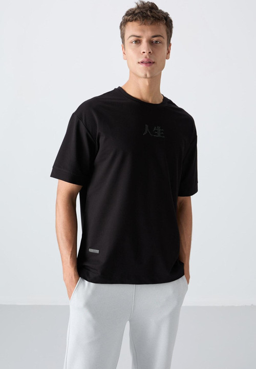 Siyah Pamuklu Kalın Yumuşak Dokulu Oversize Fit Baskılı Erkek T-Shirt - 88342