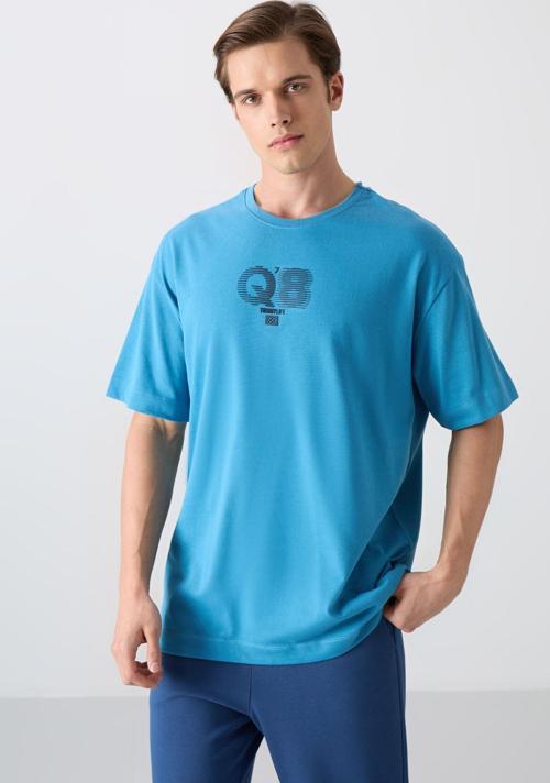 Petrol Mavi Pamuklu Kalın Yumuşak Dokulu Oversize Fit Baskılı Erkek T-Shirt - 88333