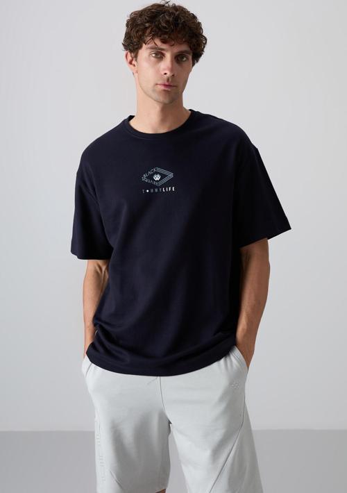 Lacivert Pamuklu Kalın Yumuşak Dokulu Oversize Fit Baskılı Erkek T-Shirt - 88325