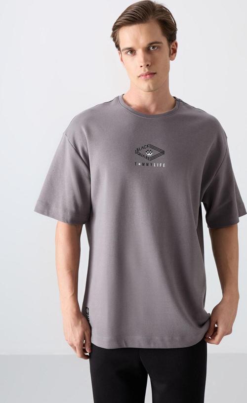 Koyu Gri Pamuklu Kalın Yumuşak Dokulu Oversize Fit Baskılı Erkek T-Shirt - 88325