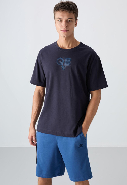 Lacivert Pamuklu Kalın Yumuşak Dokulu Oversize Fit Baskılı Erkek T-Shirt - 88333