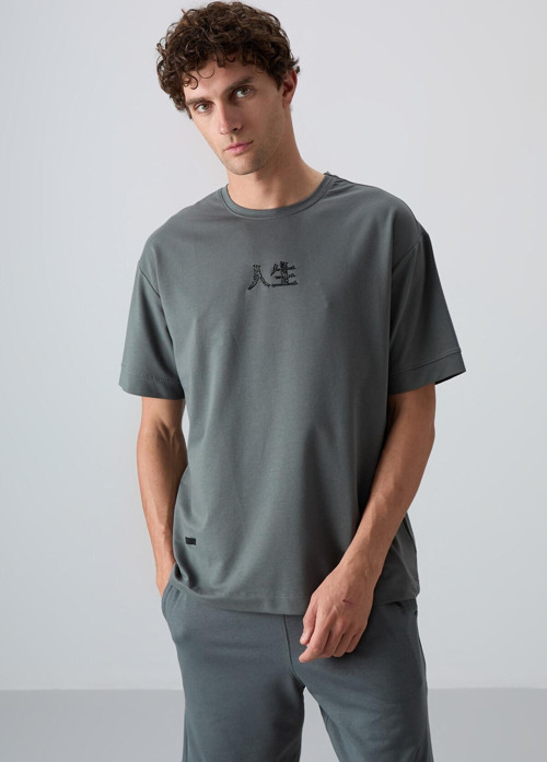 Haki Pamuklu Kalın Yumuşak Dokulu Oversize Fit Baskılı Erkek T-Shirt - 88342