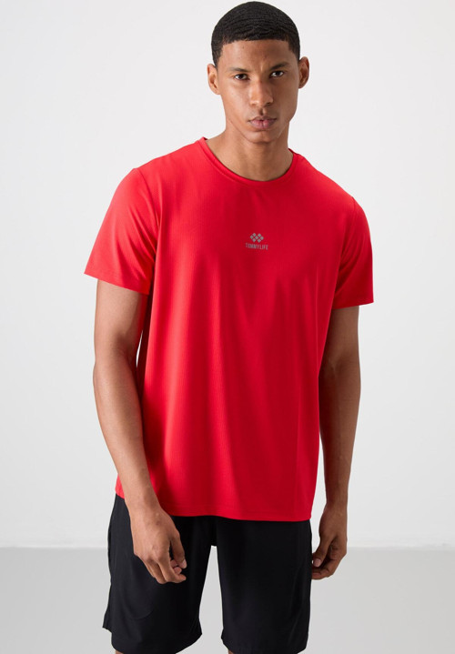 Kırmızı Polyester Nefes Alan Dokulu İnce Esnek Standart Fit Erkek Performans T-Shirt - 88387