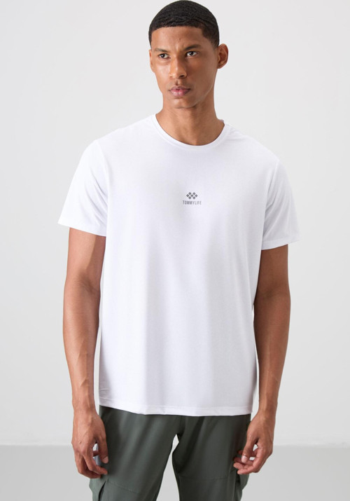 Beyaz Polyester Nefes Alan Dokulu İnce Esnek Standart Fit Erkek Performans T-Shirt - 88387