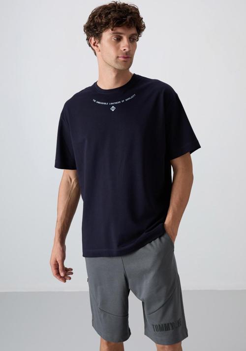 Lacivert Pamuklu Kalın Yumuşak Dokulu Oversize Fit Baskılı Erkek T-Shirt - 88343