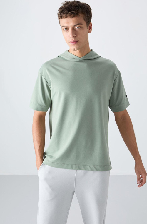 Açık Yeşil Pamuklu Kalın Yumuşak Dokulu Oversize Fit Basic Erkek T-Shirt - 88352