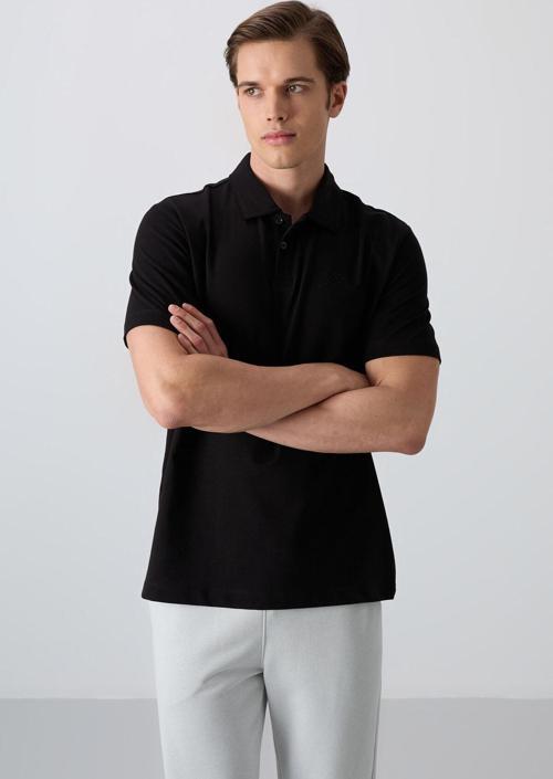 Siyah Pamuklu Kalın Yumuşak Dokulu Standart Fit Basic Polo Yaka Erkek T-Shirt - 88348