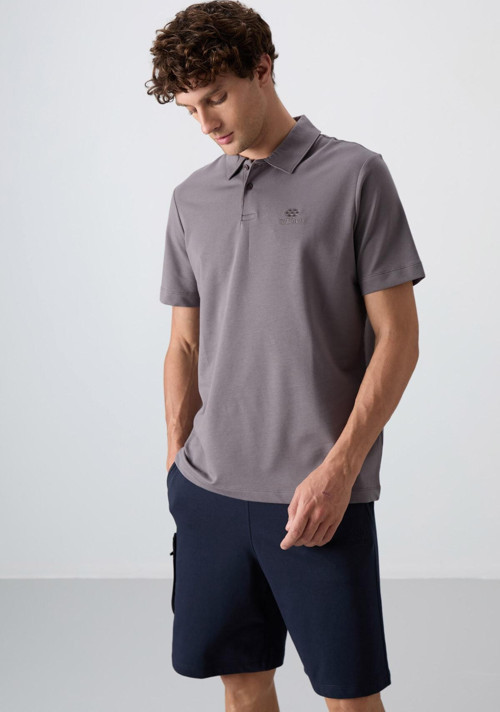 Koyu Gri Pamuklu Kalın Yumuşak Dokulu Standart Fit Basic Polo Yaka Erkek T-Shirt - 88348