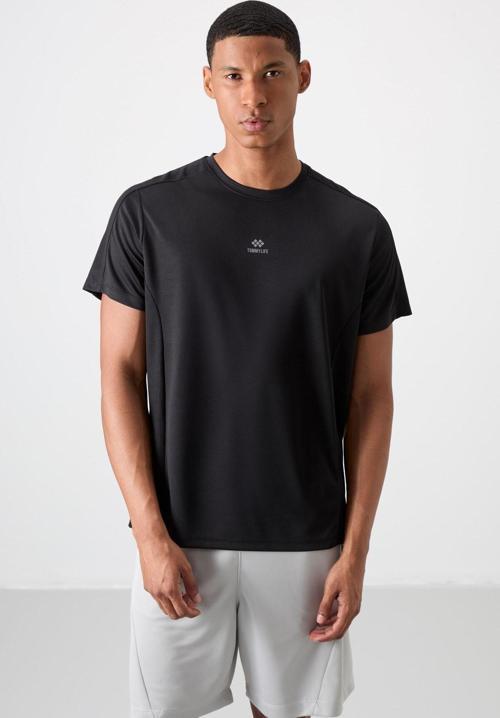 Siyah Polyester Nefes Alan Dokulu İnce Esnek Standart Fit Erkek Performans T-Shirt - 88390