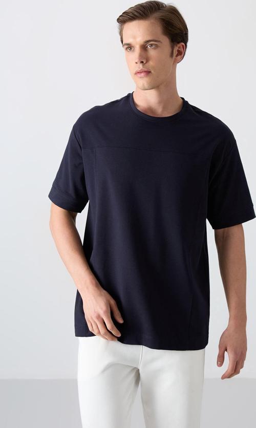 Lacivert Pamuklu Kalın Yumuşak Dokulu Oversize Fit Basic Erkek T-Shirt - 88349