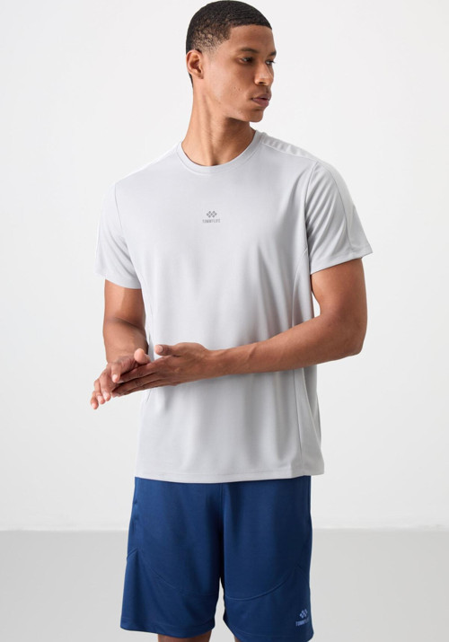 Gri Polyester Nefes Alan Dokulu İnce Esnek Standart Fit Erkek Performans T-Shirt - 88390